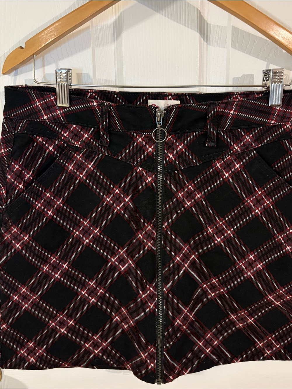 SO Black and Burgundy Plaid Zip-Front Mini Skirt